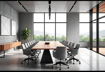 modern conference room wooden table gray office chairs large windows minimalist design gray concrete wall background high resolution high details vibrant