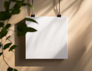 Minimalist Poster Mockup: White Canvas on Beige Wall with Leaf Shadows