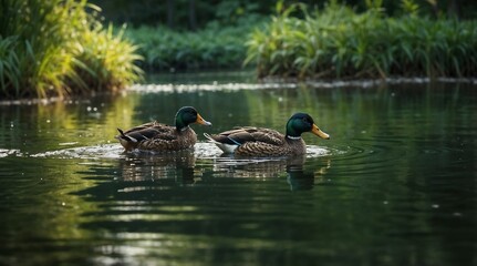 Two Mallard Ducks peacefully swimming in a serene pond, surrounded by lush greenery and nature