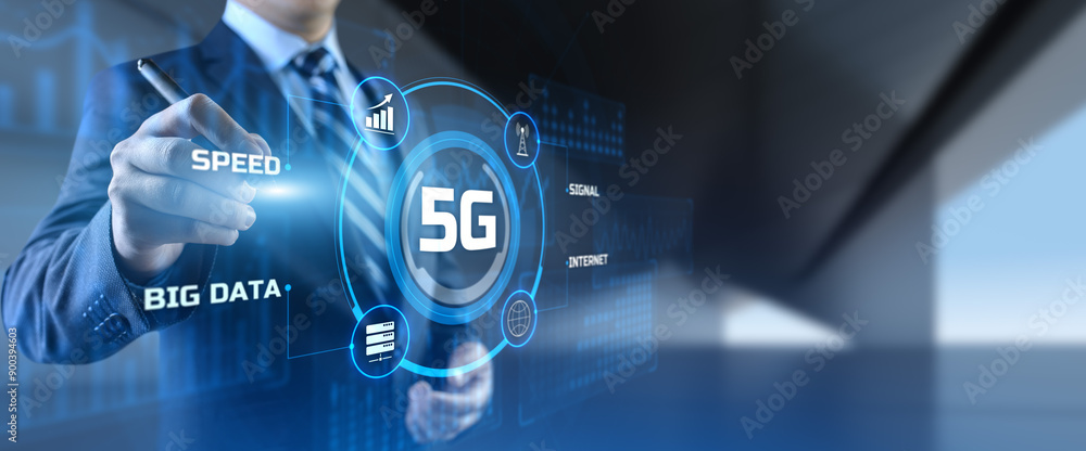 Poster 5g high-speed internet connection concept. businessman pressing button on screen.