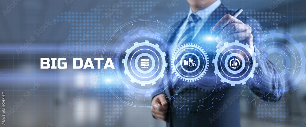 Poster big data analysis analytics internet technology concept. businessman pressing button on screen.