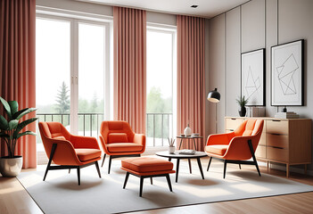 Fototapeta premium stylish home interior armchairs drawer near window mockup frame high resolution high details vibrant