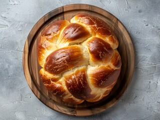 Golden Crust Round Challah Bread on Wooden Board