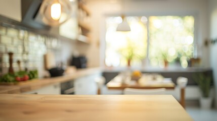 blurred background of a modern kitchen interior with wooden table for product display montage, foreground focus, blurred background, morning light, conceptual image banner design