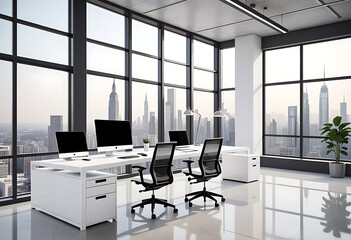 modern office workspace large windows white furniture minimalist style concrete floor cityscape background high resolution high details vibrant