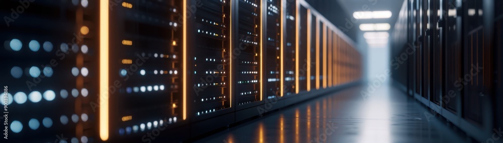 Poster a modern data center corridor featuring rows of server racks with illuminated panels and a sleek, hi