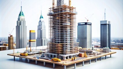 Naklejka premium Miniature scale model of a futuristic skyscraper under construction, surrounded by intricate details and scaffolding, set against a clean white background.
