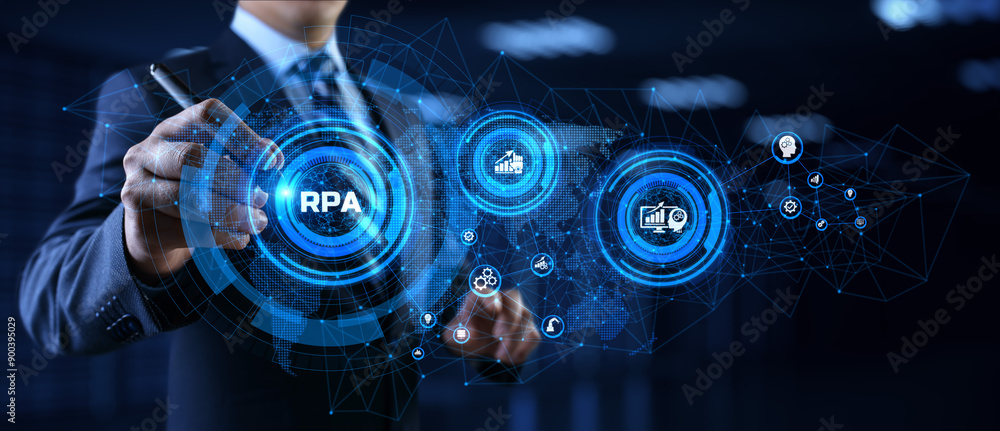 Poster rpa robotic process automation business process optimisation innovation technology concept.
