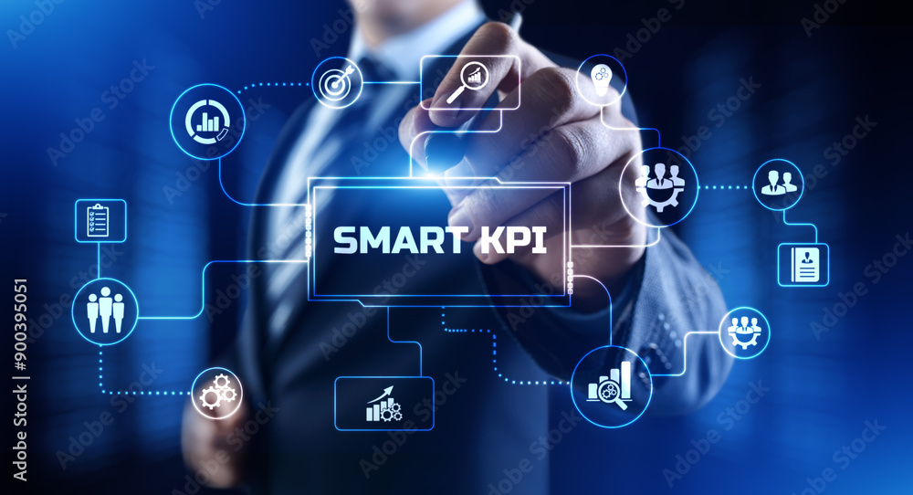 Poster smart kpi key performance indicator business technology concept on screen.