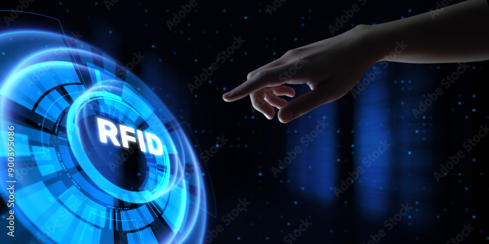 Poster rfid radio frequency identification. hands pressing button virtual screen.