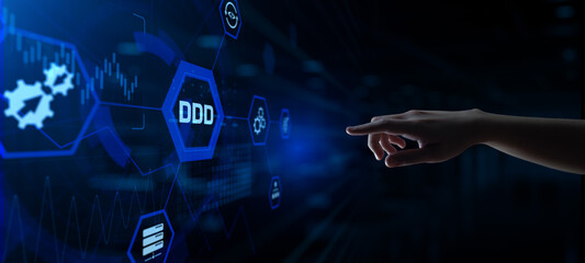 DDD Domain driven design. Hands pressing button virtual screen.