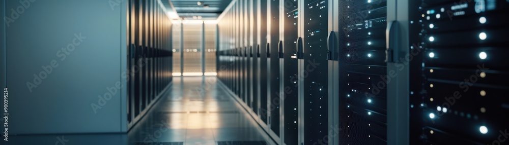 Poster a modern data center with illuminated server racks and a sleek corridor, showcasing advanced technol