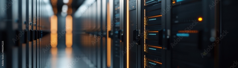 Poster a modern data center with rows of servers and glowing lights, showcasing advanced technology and it 