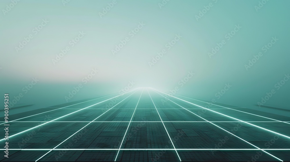 Poster glowing grid path. a mysterious, glowing grid path extends into the horizon of a hazy, ethereal land