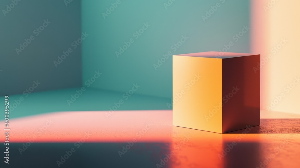 Poster minimalist cube on vibrant gradient background. a solitary cube basks in the glow of a colorful, mul