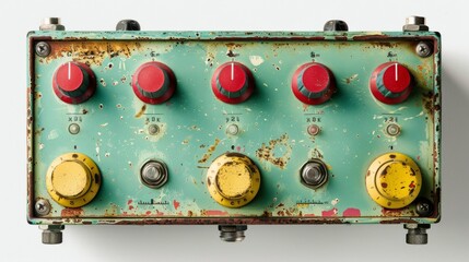 Vintage Control Panel with Red and Yellow Knobs on Rusty Metal Surface