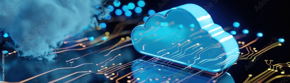 Poster a modern representation of cloud technology with digital circuits, symbolizing data storage and conn