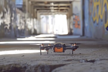 small drone flying through narrow alley, compact drone with obstacle avoidance technology maneuvers effortlessly through tight spaces