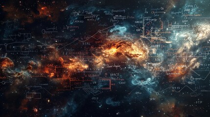 Fototapeta premium Visually Captivating Scene with Floating Mathematical Equations and Sayings in Various Fonts and Colors against a Starry Cosmic Background. Abstract Educational and Inspirational Digital Art.