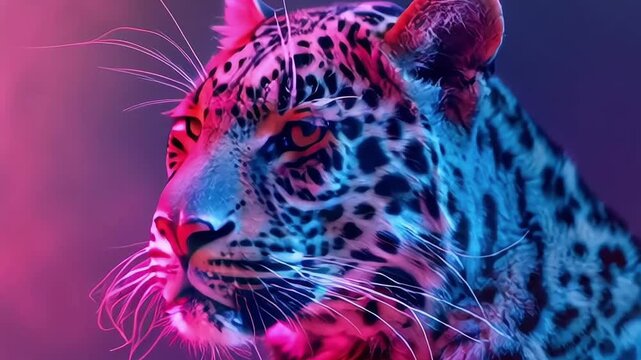 Neon glow leopard portrait on magenta background