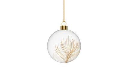 christmas ball transparent glossy glass with golden down feather design, hanging from top 3D rendering isolated