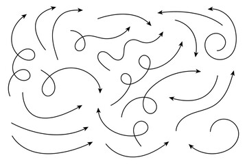 Collection of curved arrows. Set simple curved hand drawn arrows. Collection of pointers.