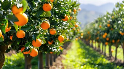 Rows of lush orange trees in an orchard, branches heavy with ripe, juicy oranges