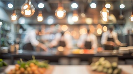 blurred background of a busy restaurant kitchen with chefs preparing dishes, motion blur and bokeh effect, high resolution photography