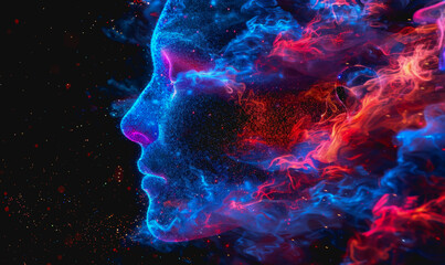 Cybernetic digital face with neon blue and red lights, data streams, glowing particles, high-tech design