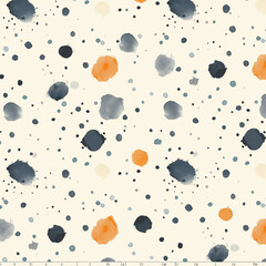 Design a seamless pattern with scattered polka dots in muted colors like grey, navy blue and orange on a white background.