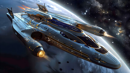 A retrofuturistic space explorer uses advanced technology to map uncharted galaxies and planets.