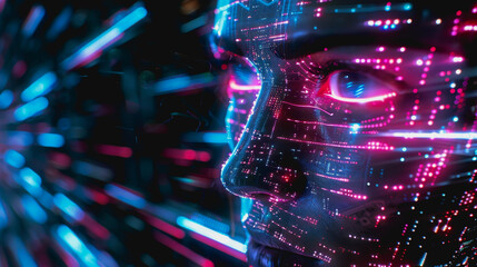 Cyberpunk digital face with neon lights, data streams, glowing particles, high-tech elements, dark background