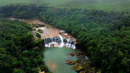 Aerial view of mawsawa falls located in cherrapunji in East khasi hills in cherrapunjee, meghalaya India.