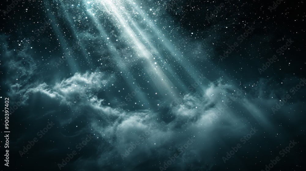 Poster beam of light shining down on a dark background with stars and rising white mist, creating a dreamy 