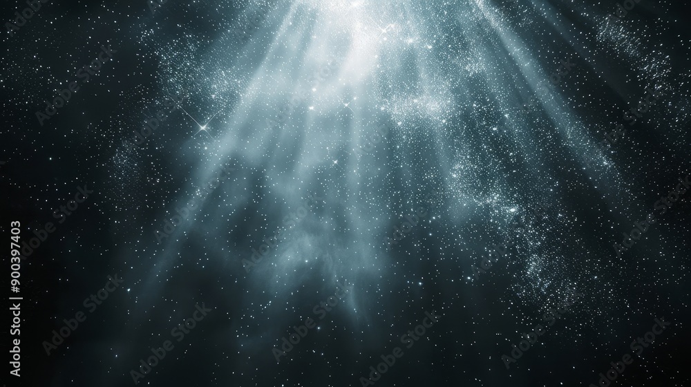 Poster beam of light shining down on a dark background with stars and rising white mist, creating a dreamy 