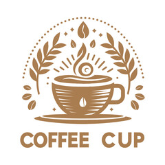 Coffee logo with a steaming cup, coffee beans, and wheat elements 
