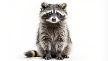 Fototapeta premium Adorable raccoon with bushy black and white fur stands on hind legs against a clean, bright, white studio background.
