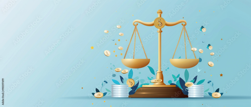 Poster conceptual flat design artwork depicting the balance between risk and financial stability using a sc