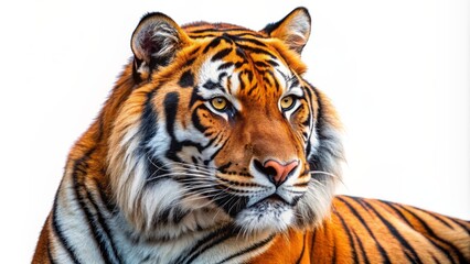 Obraz premium Majestic orange and black tiger solitary isolated on transparent white background with piercing eyes and sharp claws in profile.