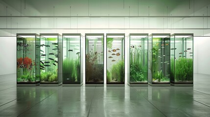 Modern Aquarium Exhibit with Multiple Glass Tanks Displaying Diverse Aquatic Life in a Minimalist Gallery Setting