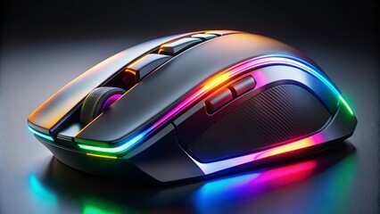High-tech gaming mouse with futuristic design and colorful LED lights on a sleek black background with subtle gradient effect.
