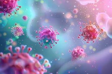Obraz premium Isometric 3D rendering of virus particles attacking cells, Influenza, Pathogen invasion