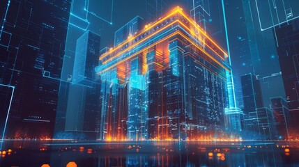 Digital Bank Building with Blue and Orange Glowing Lines, Symbolizing Tech Integration in Financial Services. AI Generated