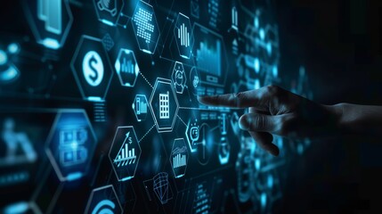 Futuristic Digital Interface with Financial Icons, Blue Hexagonal Patterns. AI Generated