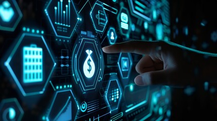 Futuristic Digital Interface with Financial Icons, Blue Hexagonal Patterns. AI Generated