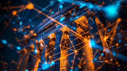 Digital Bank Building with Blue and Orange Glowing Lines, Symbolizing Tech Integration in Financial Services. AI Generated