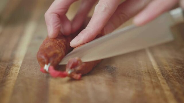 Close-Up 4K Video of Hand-Cutting Chorizo Sausage on a Wooden Chopping Board

