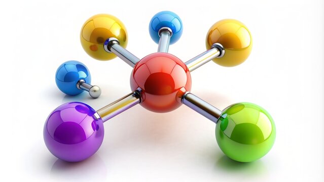 Colorful 3D illustration of methane molecules structure with carbon atom bonded to four hydrogen atoms in white background.