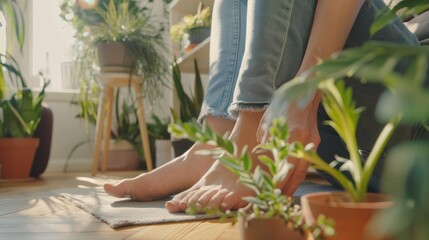 Cozy Indoor Garden Scene with Bare Feet and Lush Houseplants in Sunlit Room