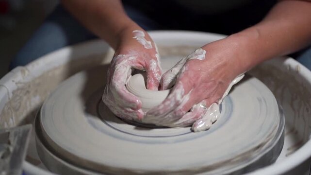 The potter's hands shape and sculpt the soft white clay pot, spinning on a potter's wheel in a creative workshop